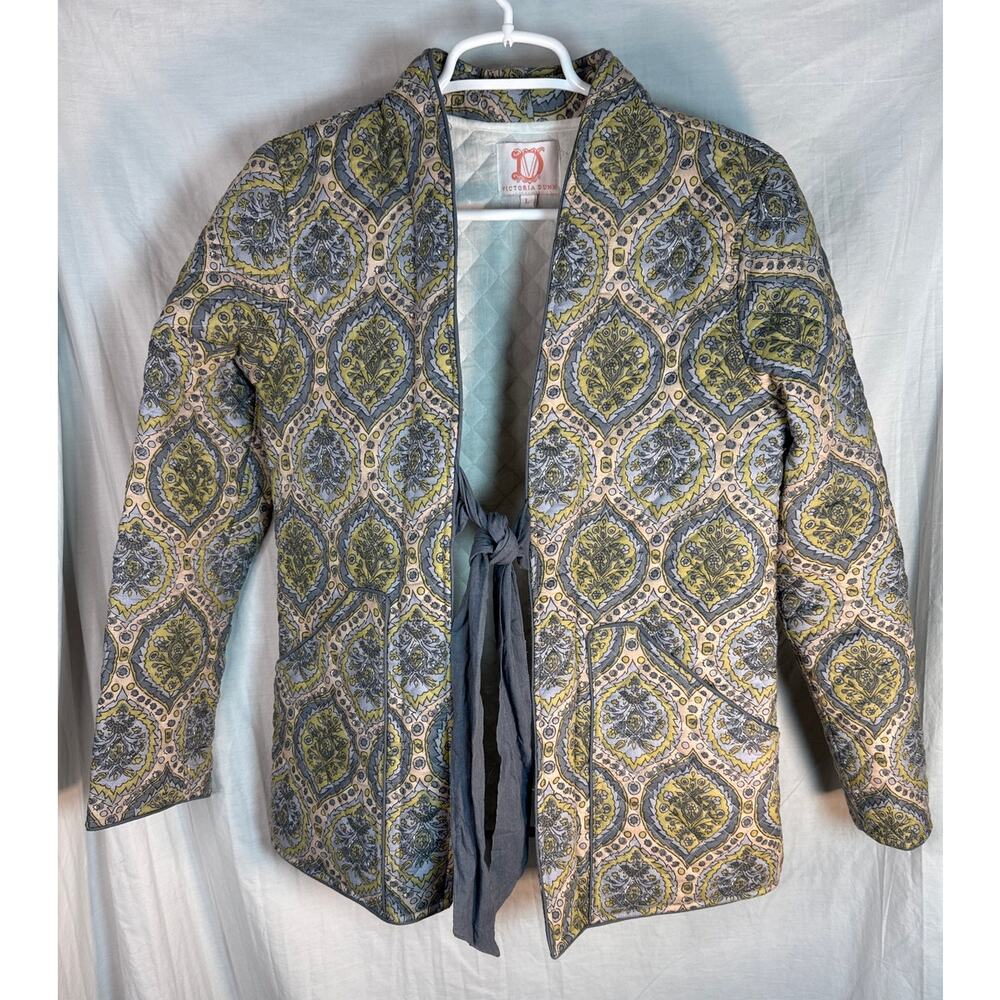 Victoria Dunn Quilted Jacket in Olive Green and Gray Pattern